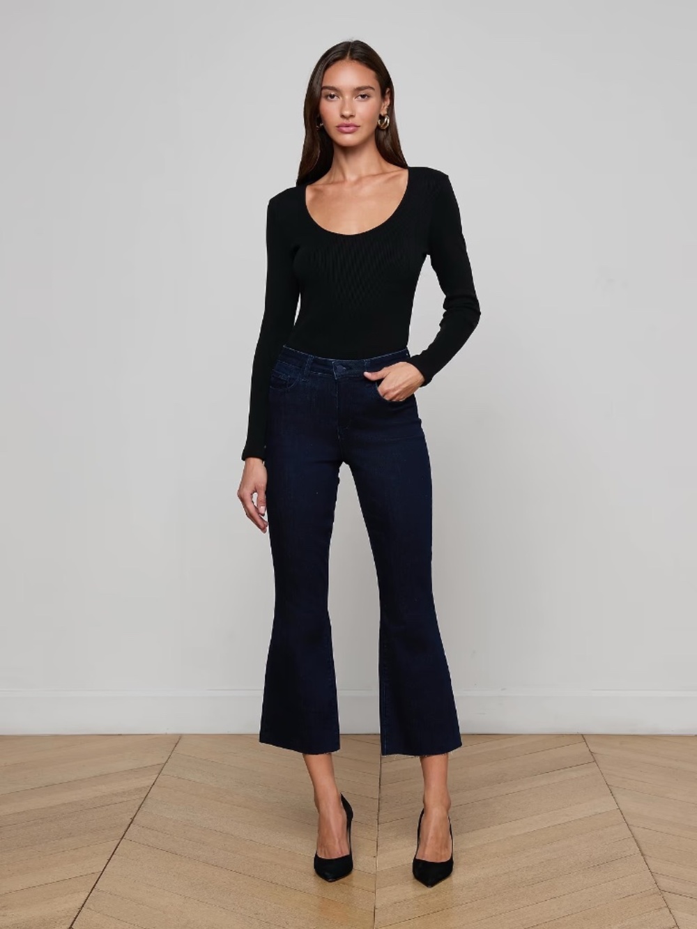 NWT - L'Agence Kendra Cropped Flare Jean - Black Rinse - 25